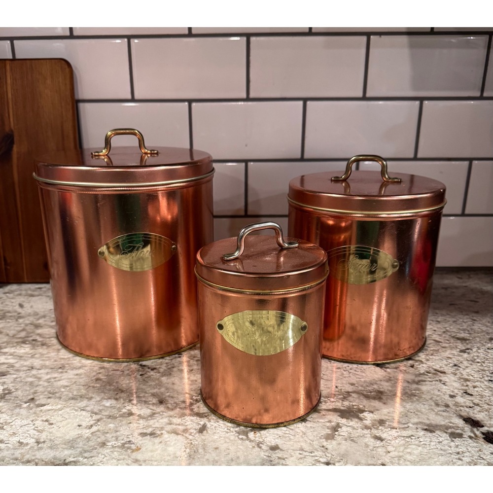 Vintage Copper Kitchen Canister Set 3 Piece Flour Sugar Tea Farmhouse Decor